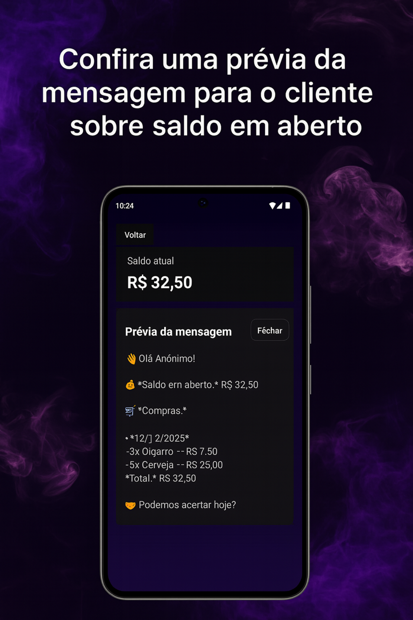 Prévia da mensagem para o cliente sobre saldo em aberto