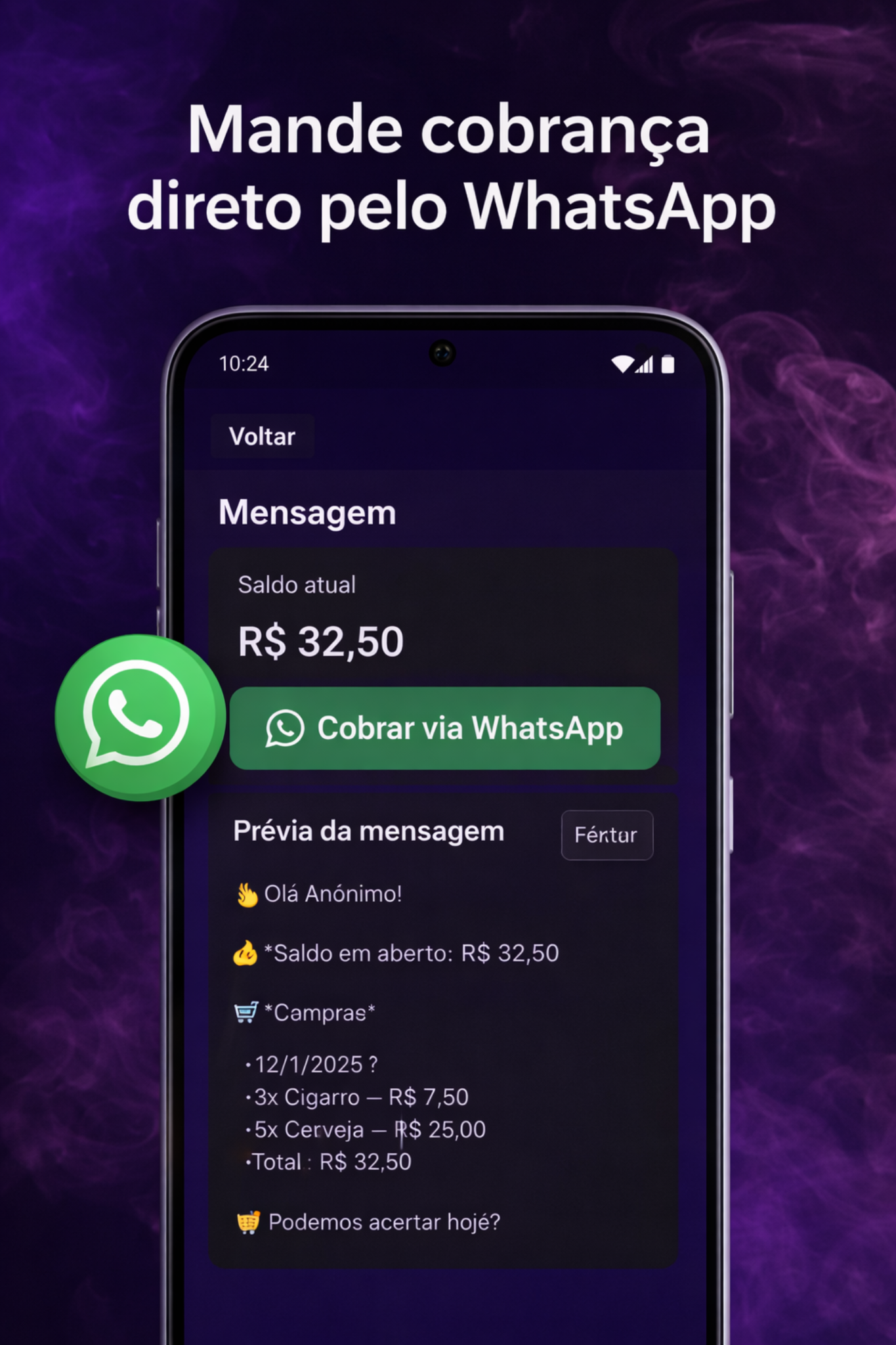 Tela de cobrança via WhatsApp